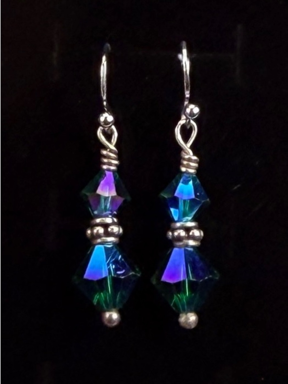 Silvertone Blue and Green Crystal Pierced Earrings - Picture 5 of 6